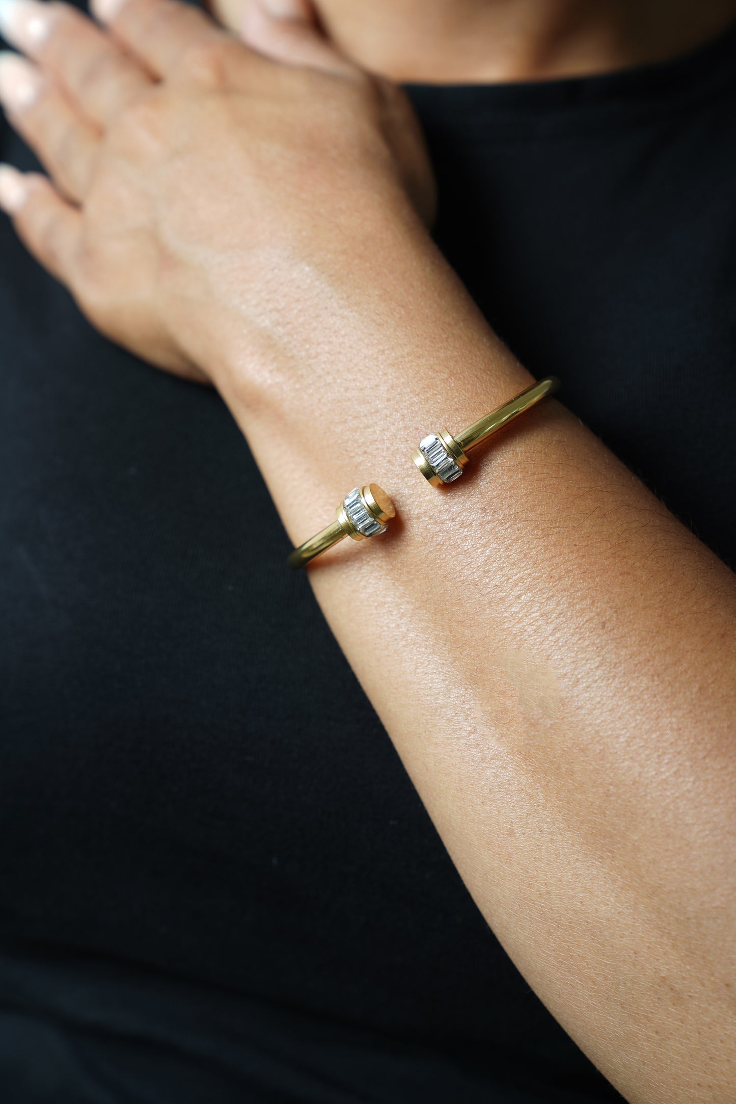 Baguette Studded Hinge Cuff Gold Bracelet