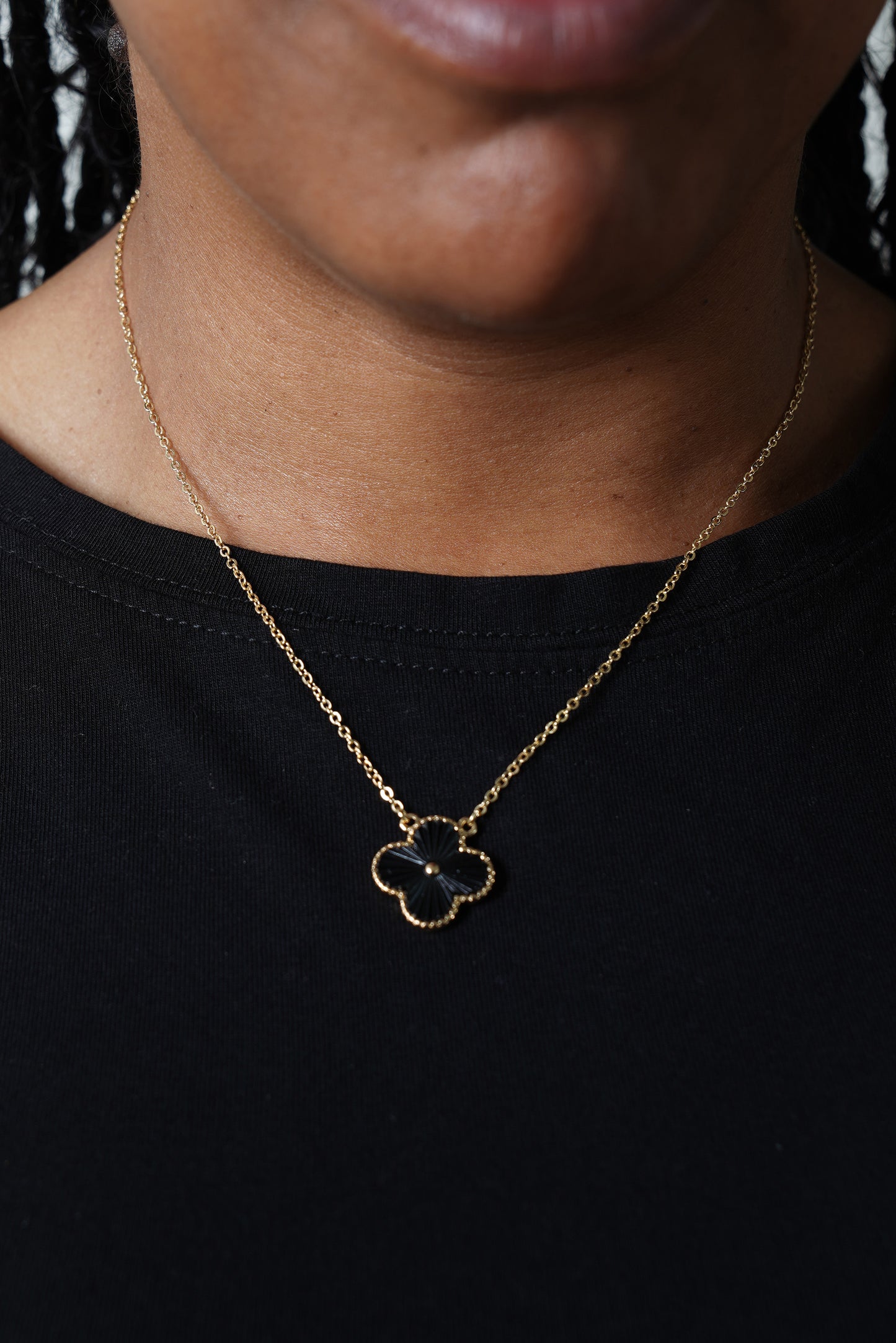 Gold Clover Necklace with Black Pearl