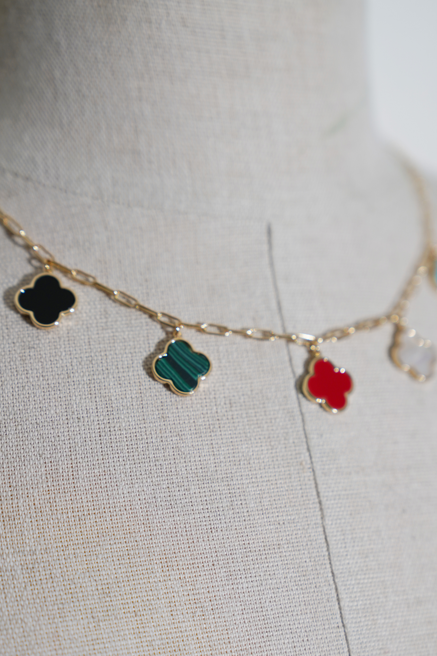 Gold Link Necklace with Multi-colored Pearl Clover