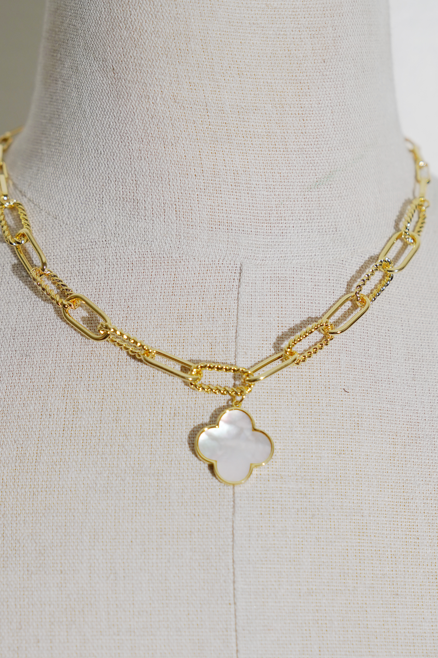 Gold Link Necklace with White Pearl Clover