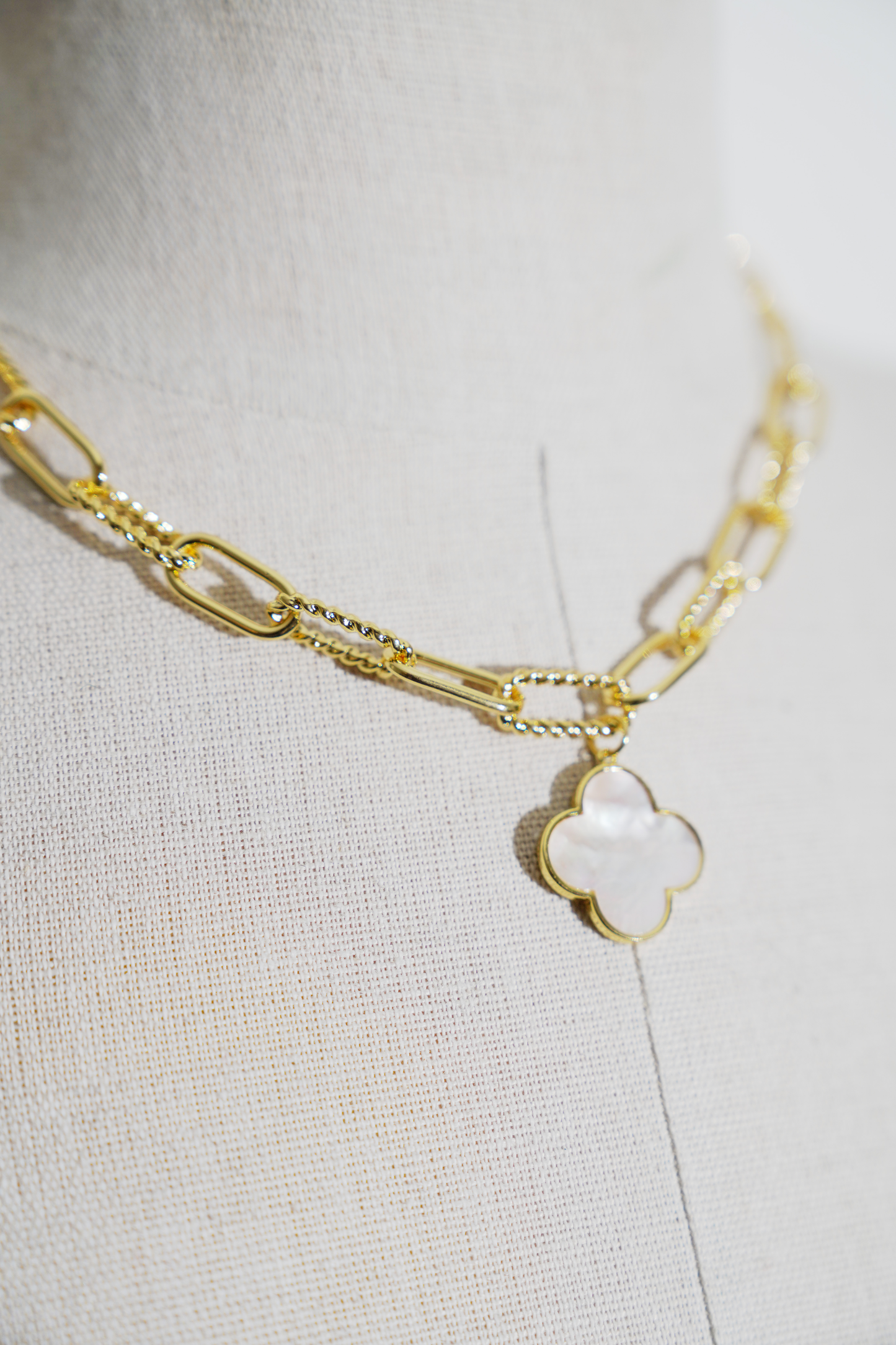 Gold Link Necklace with White Pearl Clover