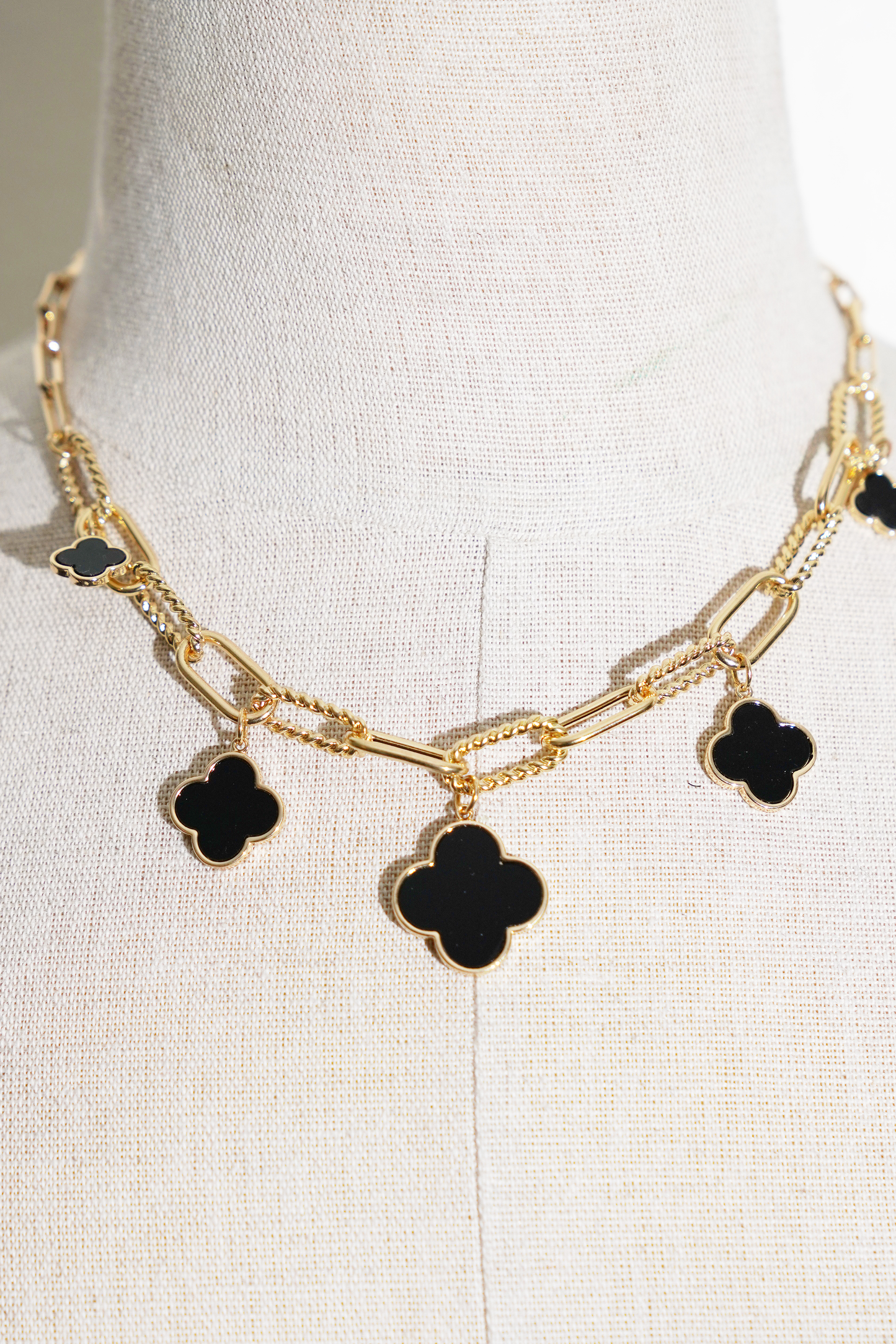 Gold Link Necklace with Three Black Pearl Clover