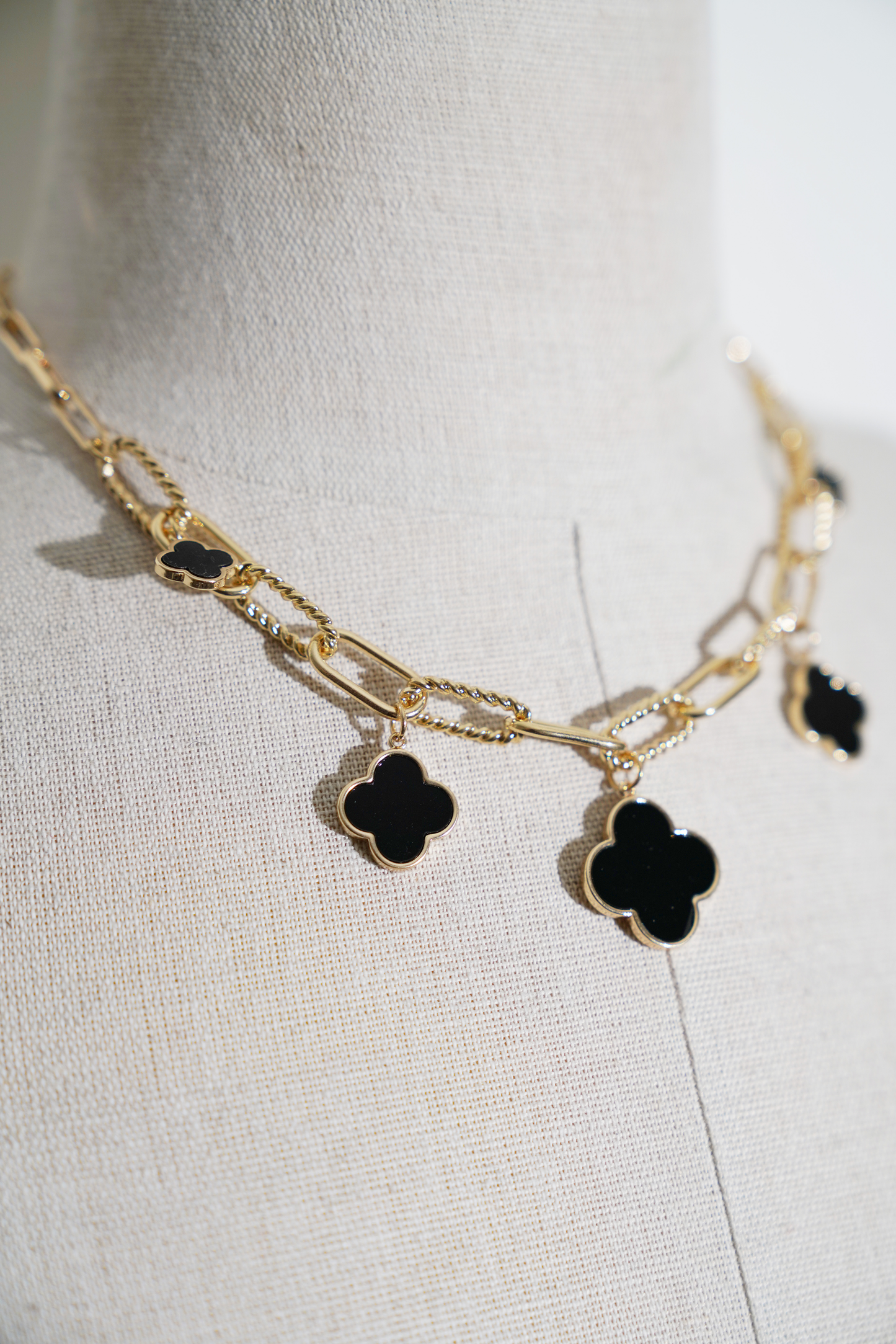 Gold Link Necklace with Three Black Pearl Clover