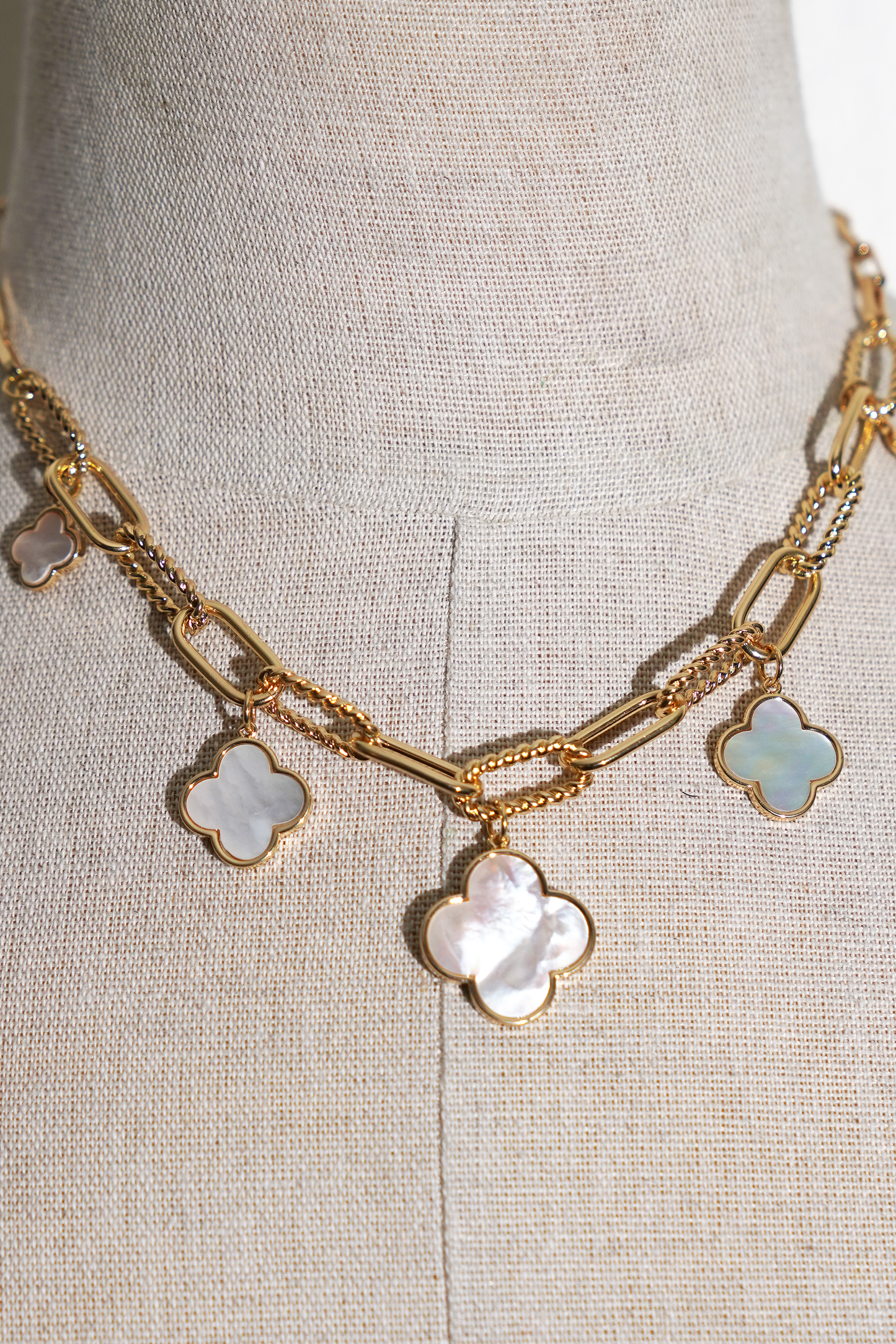 Gold Link Necklace with Three White Pearl Clover