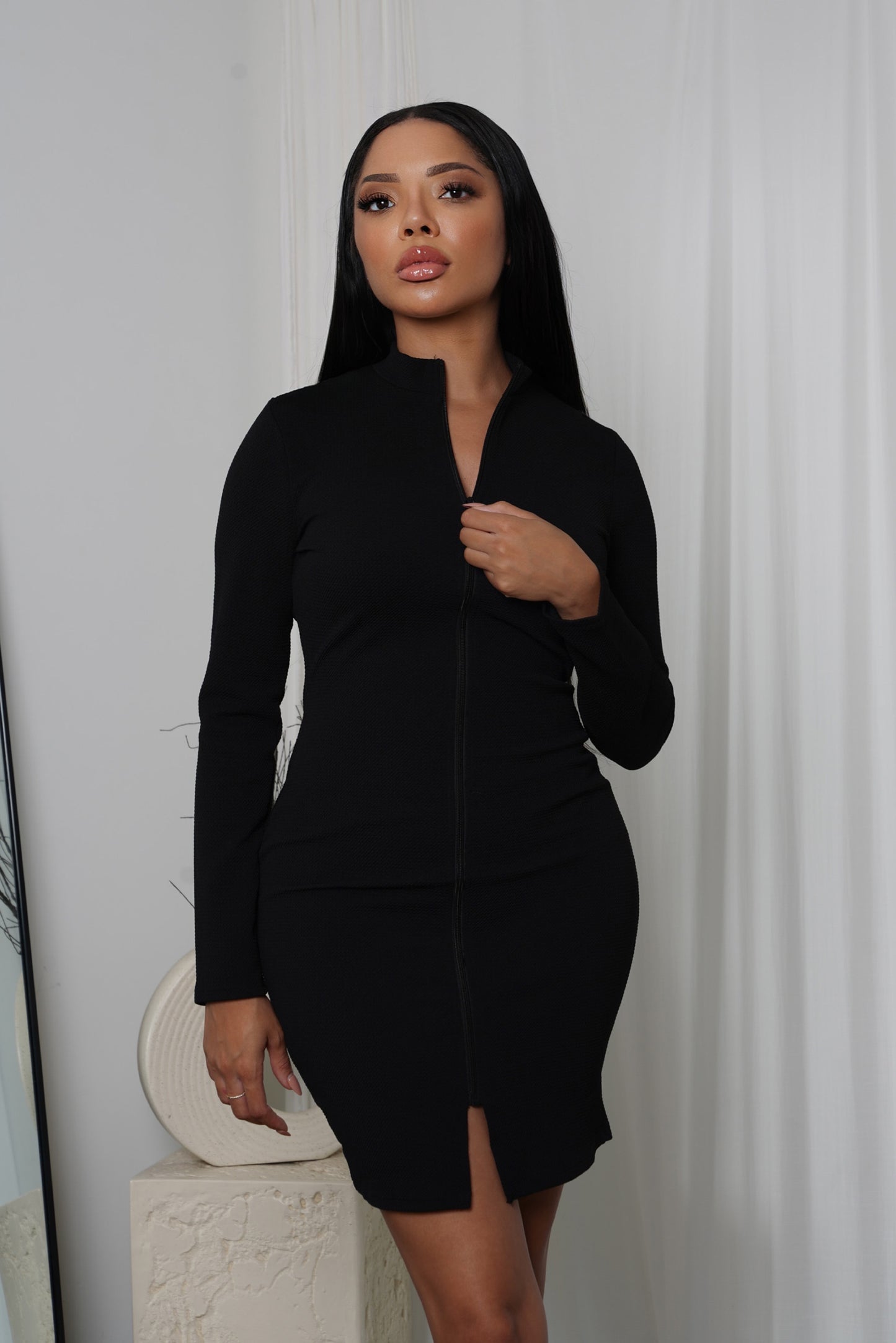 Black Bodycon Zip-Up Long Sleeve Dress