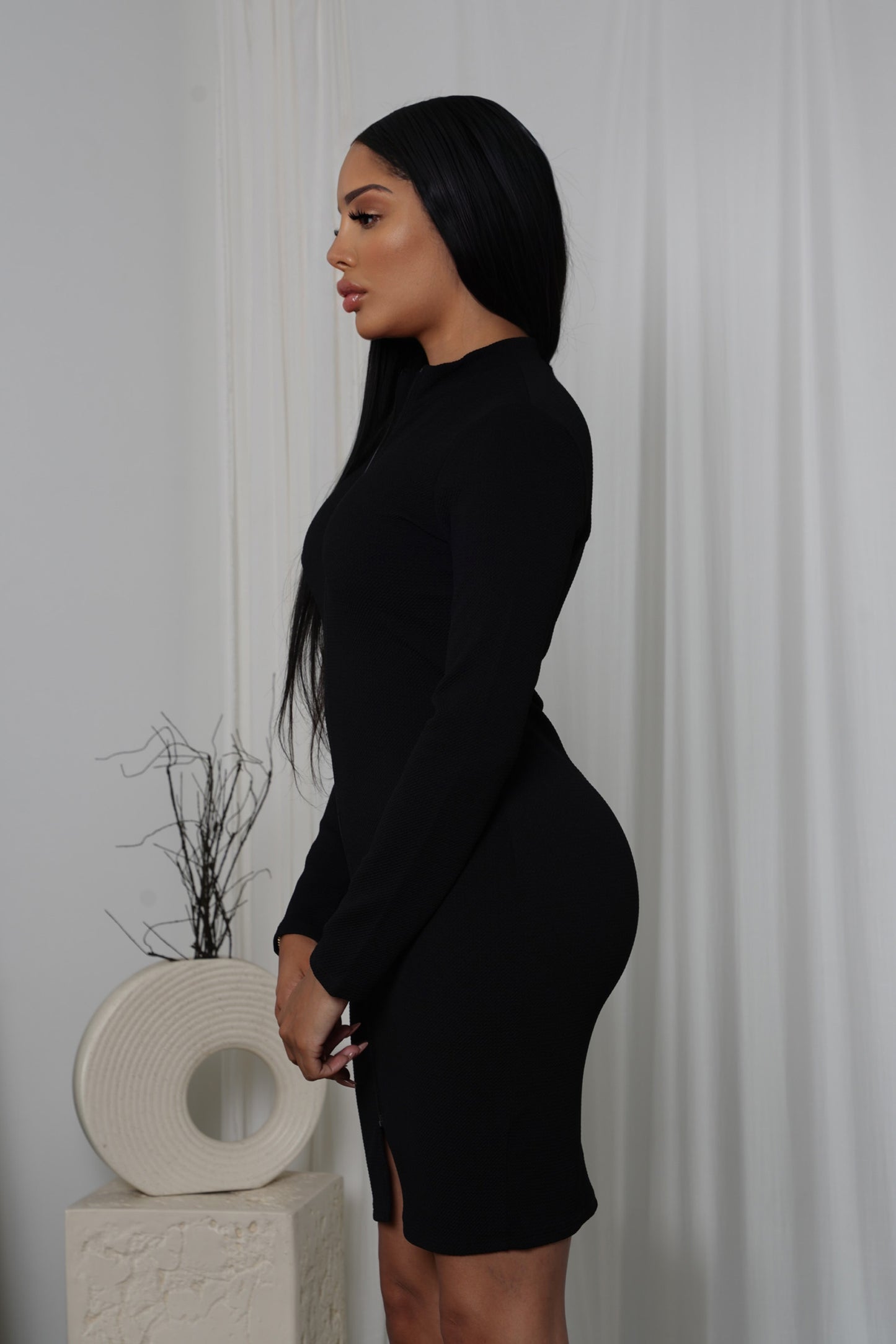 Black Bodycon Zip-Up Long Sleeve Dress