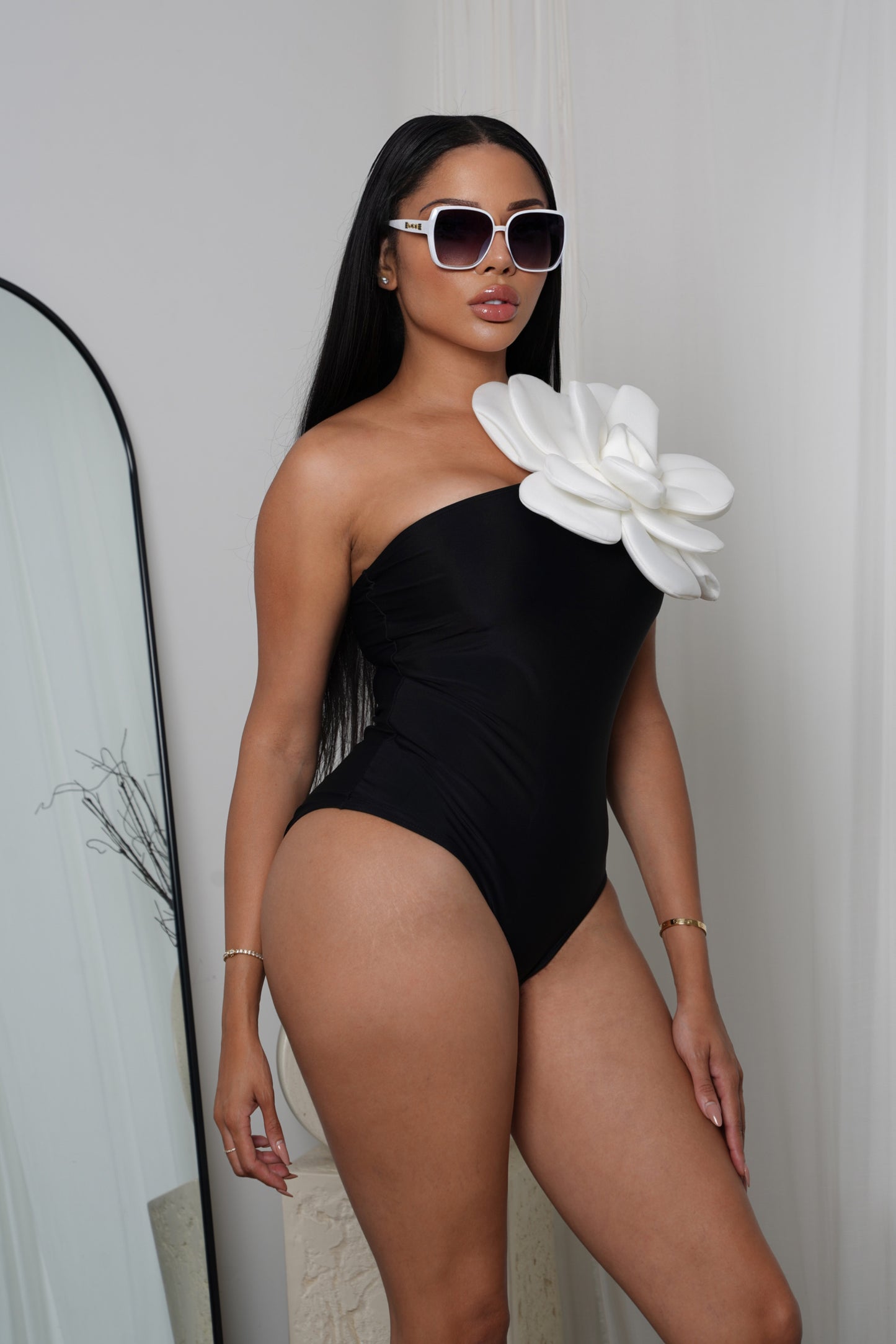 Black Bodysuit with White Flower